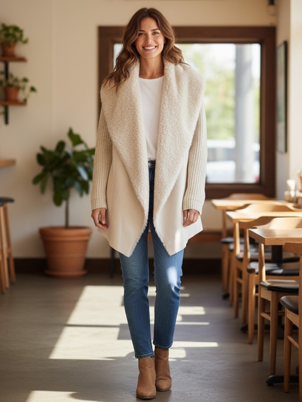 Open-Front Faux-Shearling Draped Cardigan - Cream